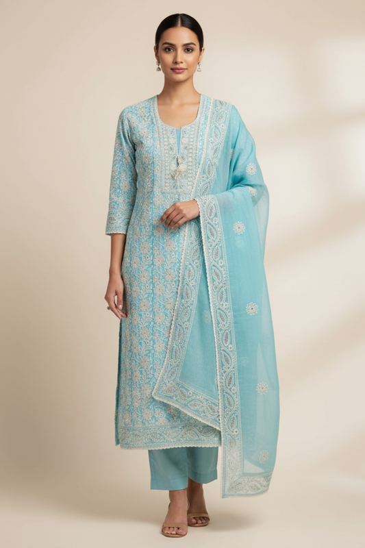 Tea Green Cotton Unstitched Salwar Suit With Cotton Dupatta