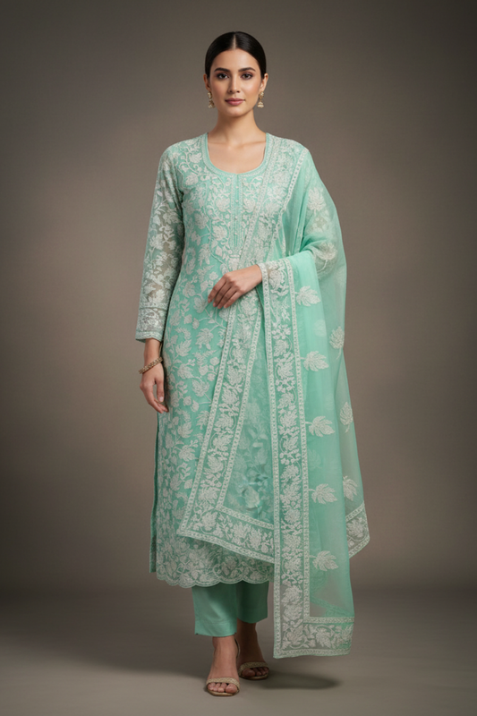 Sea Green Georgette Unstitched Salwar Suit With Georgette Dupatta
