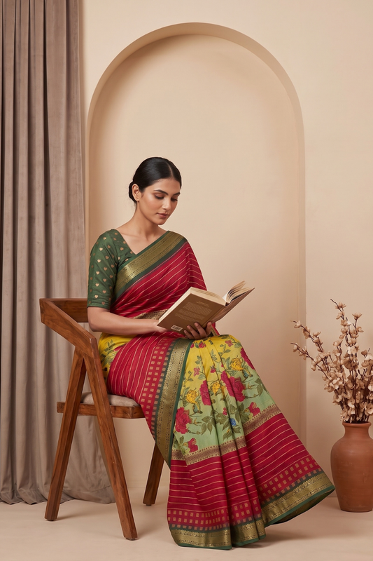 Pista Maroon Muslin Floral Printed Saree With Unstitched Blouse