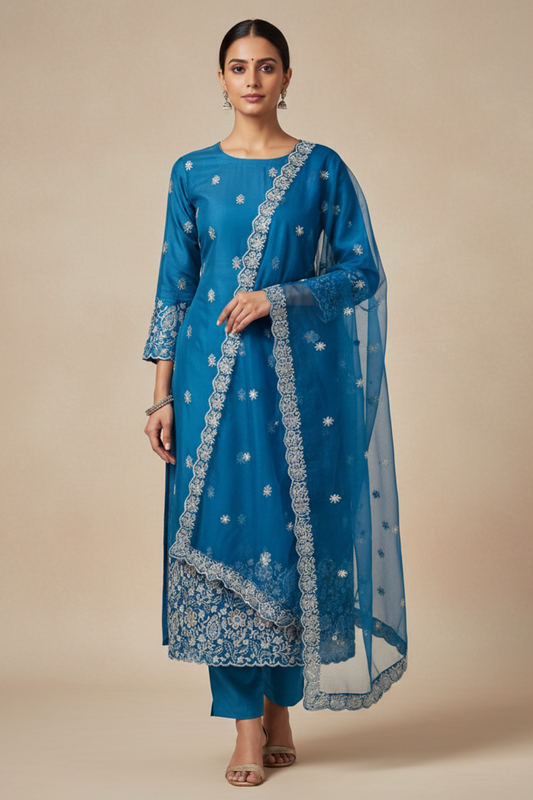 Grey Cotton Unstitched Salwar Suit With Cotton Dupatta