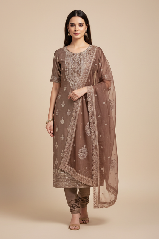 Chikoo Organza Unstitched Salwar Suit With Chiffon Dupatta