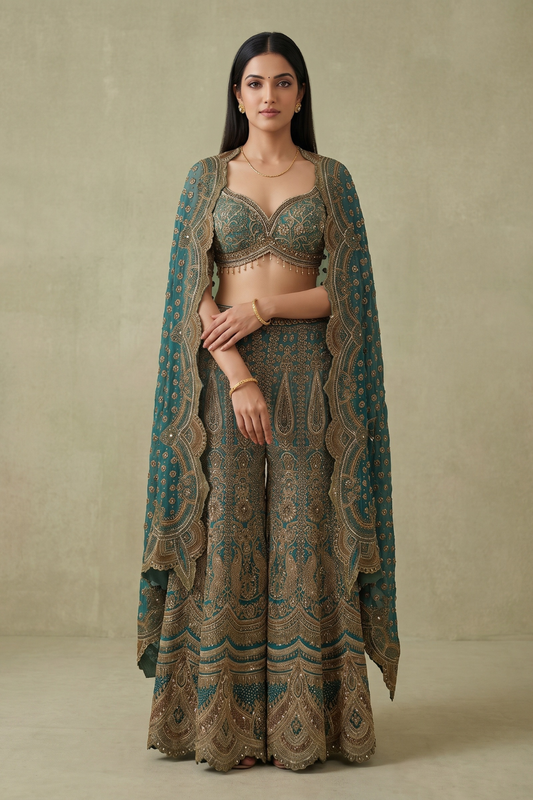 Mint Mehfil Green Crepe Readymade Halter Top And Sharara Set With Cape Dupatta