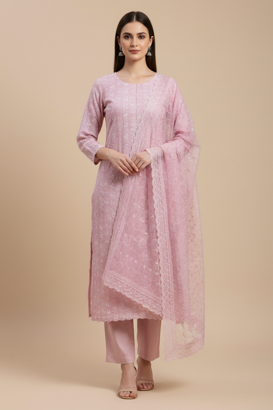 Mauve Chanderi Cotton Unstitched Salwar Suit With Cotton Dupatta