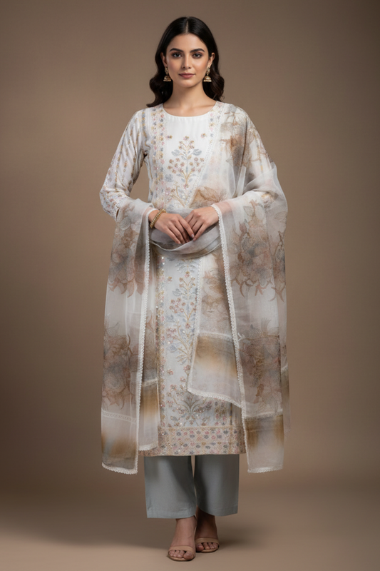 White Grey Cotton Unstitched Salwar Suit With Chiffon Dupatta