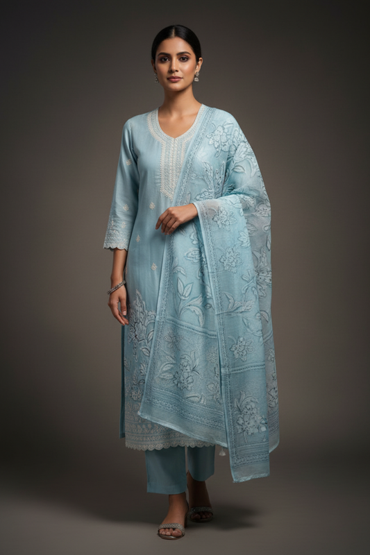 Mint Green Cotton Unstitched Salwar Suit With Cotton Dupatta