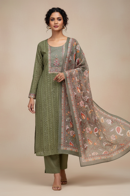 Mehndi Georgette Unstitched Salwar Suit With Chinon Dupatta