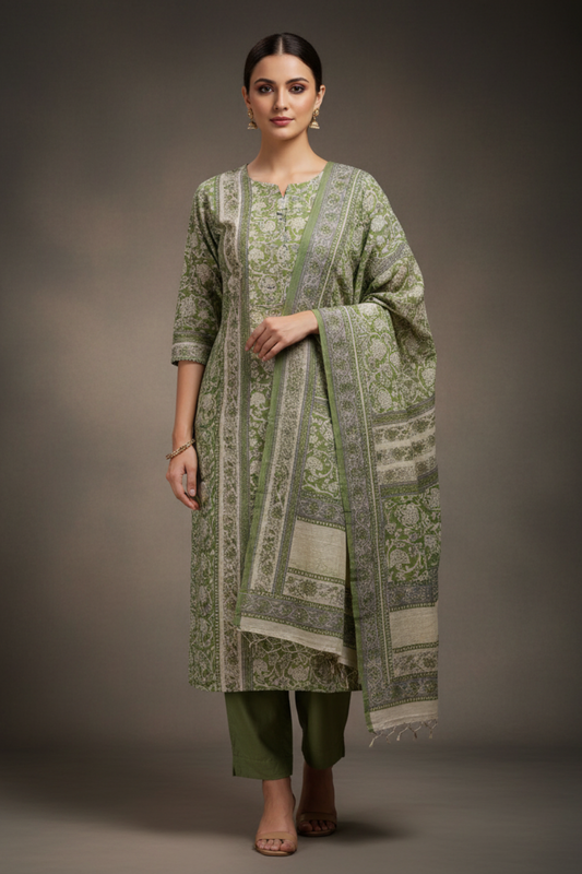 Tussar Pista Cotton Unstitched Salwar Suit With Cotton Dupatta