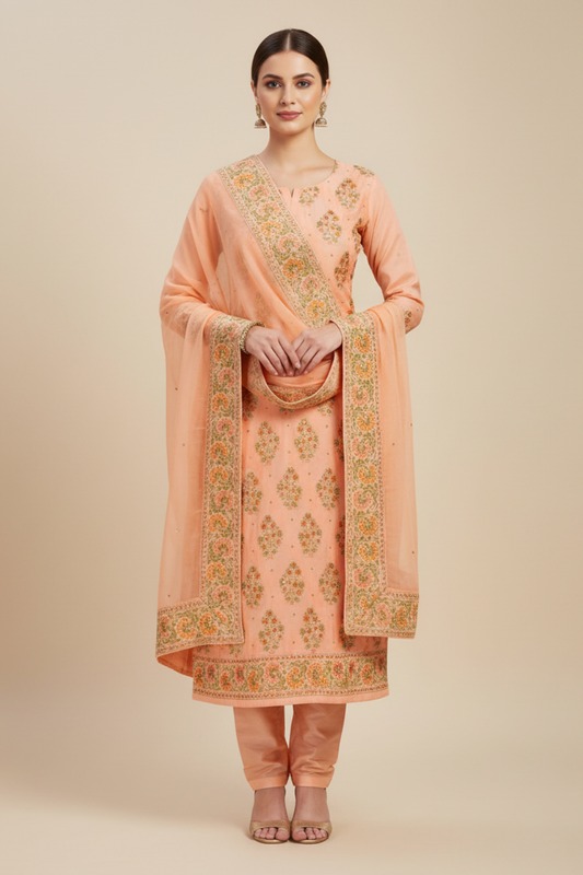 Peach Crepe Unstitched Salwar Suit With Chiffon Dupatta