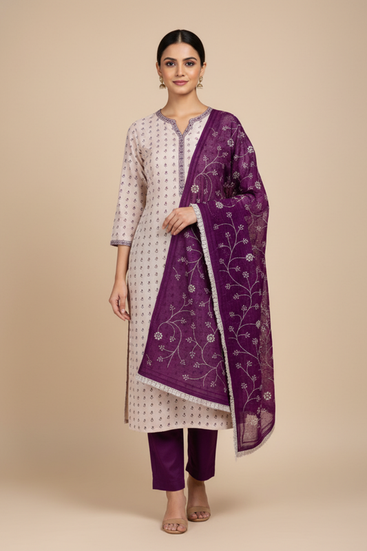 Tussar Mauve Cotton Unstitched Salwar Suit With Cotton Dupatta