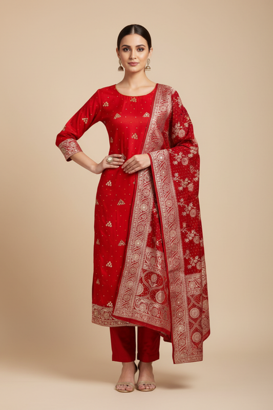 Maroon Crepe Unstitched Salwar Suit With Chinon Crepe Dupatta