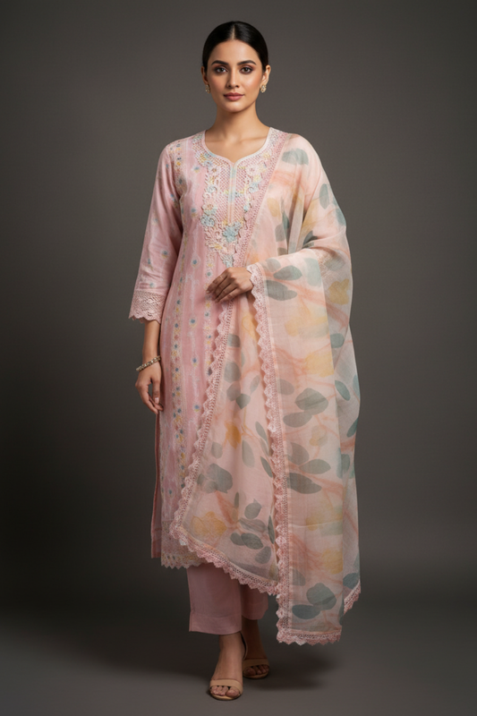 Peach Cotton Unstitched Salwar Suit With Chiffon Dupatta