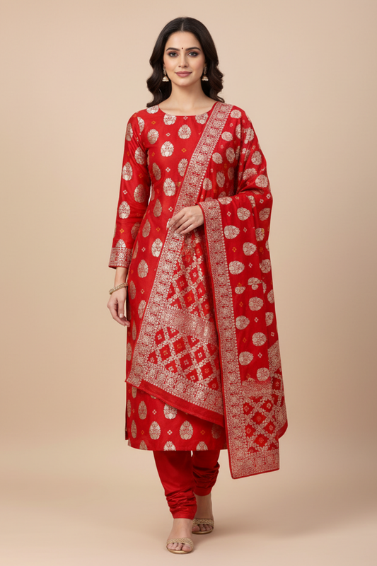 Red Crepe Unstitched Salwar Suit With Chinon Crepe Dupatta