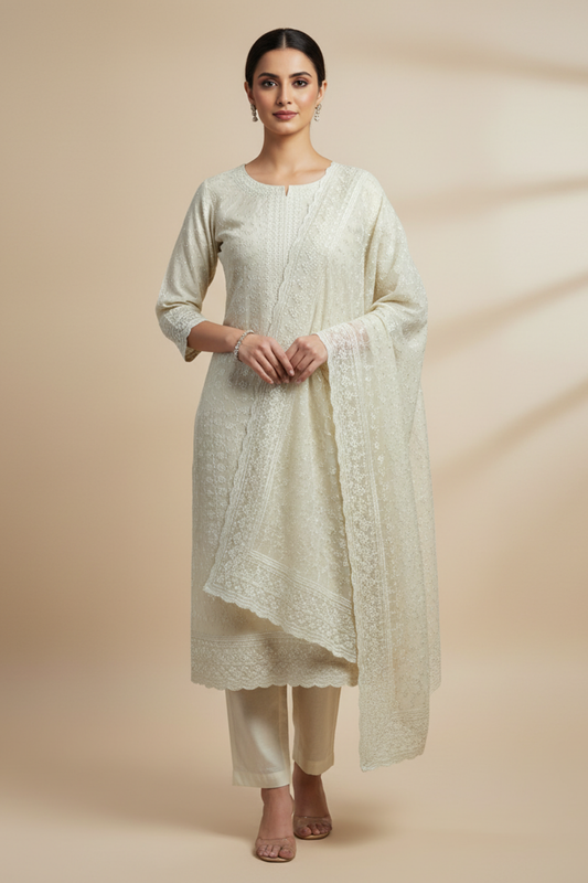 Pista Chanderi Cotton Unstitched Salwar Suit With Cotton Dupatta