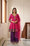 Magenta Mela Rani Chinon Readymade Peplum Suit And Palazzo With Net Dupatta