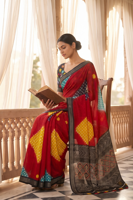 Maroon Chinon Bandhini Printed Saree With Unstitched Blouse
