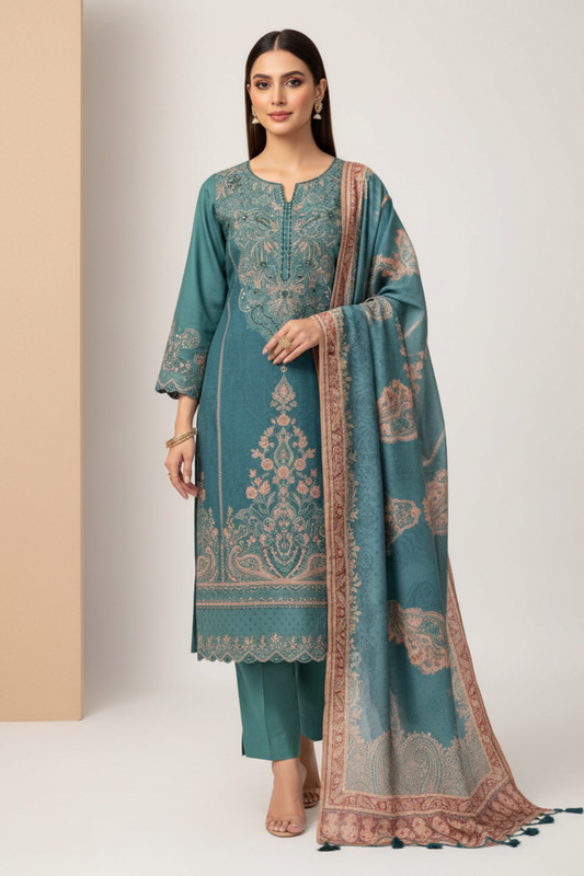 Mint Green Pashmina Unstitched Salwar Suit With Pashmina Dupatta