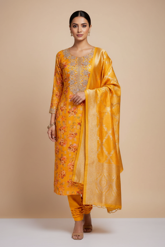 Mustard Cotton Unstitched Salwar Suit With Cotton Dupatta