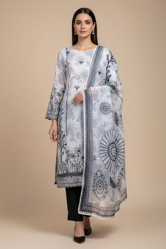 White Black Cotton Unstitched Salwar Suit With Cotton Dupatta
