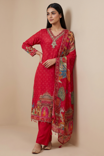 Timeless Elegance Rani Chinon  Readymade Suit And Plazzo with Chinon Dupatta
