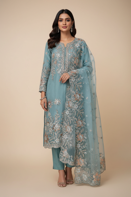 Tea Green Organza Unstitched Salwar Suit With Organza Dupatta