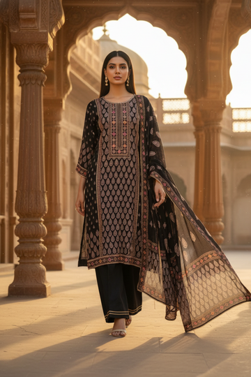 Bold Statement Black Tissue Readymade Suit And Pant With Chinon Dupatta