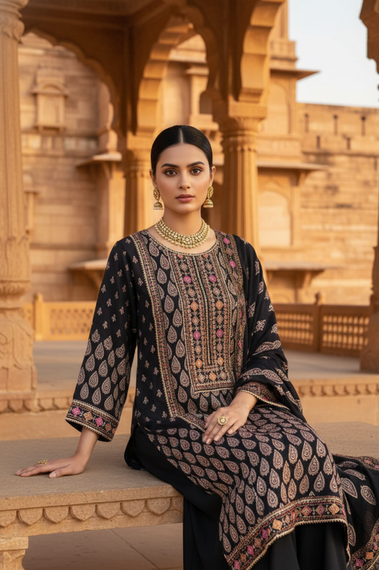 Bold Statement Black Tissue Readymade Suit And Pant With Chinon Dupatta