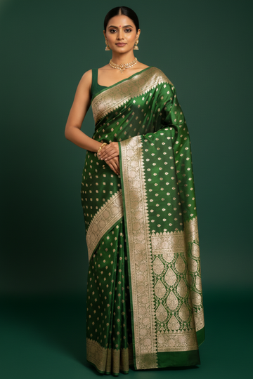 Regal Charm Bottle Green Banarasi Silk Saree With Unstitched Blouse