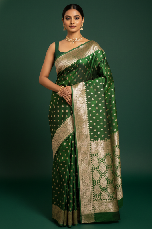 Regal Charm Bottle Green Banarasi Silk Saree With Unstitched Blouse