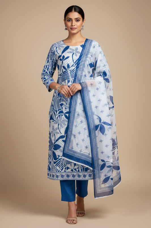 Tussar Blue Digital Printed Cotton Unstitched Salwar Suit With Cotton Dupatta