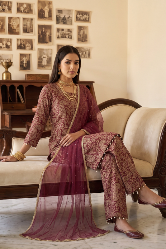 Spiced Paisley Dark Gajari Georgette Readymade Suit And Pant With Net Dupatta