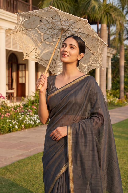 Black Cotton Zari Saree With Unstitched Blouse