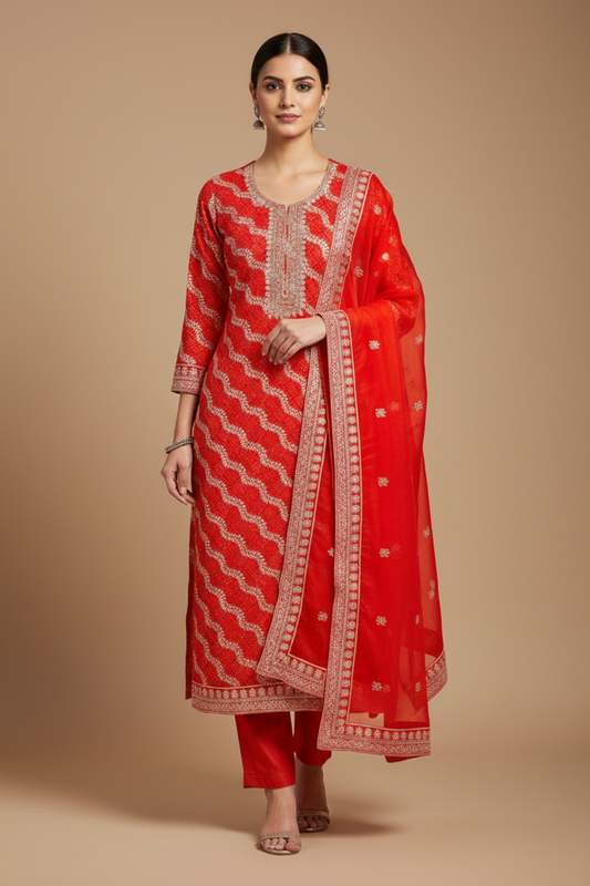 Red Georgette Unstitched Salwar Suit With Georgette Dupatta