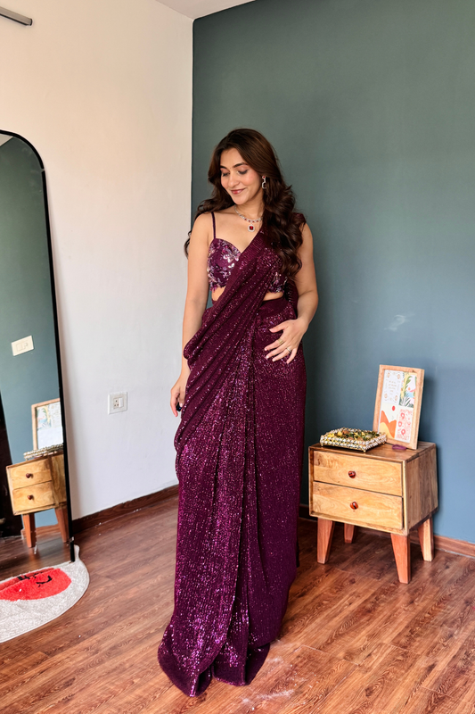 Garnet Net Pre-Draped Designer Saree With Readymade Blouse (Ft:-Review Addict)