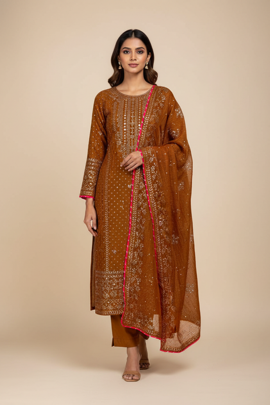 Brown Shimmer Unstitched Salwar Suit With Shimmer Dupatta
