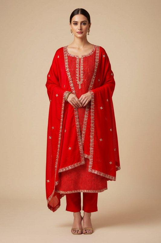 Red Dola Unstitched Salwar Suit With Cotton Dupatta