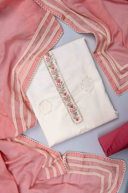Off White Gajari Cotton Unstitched Salwar Suit With Cotton Dupatta