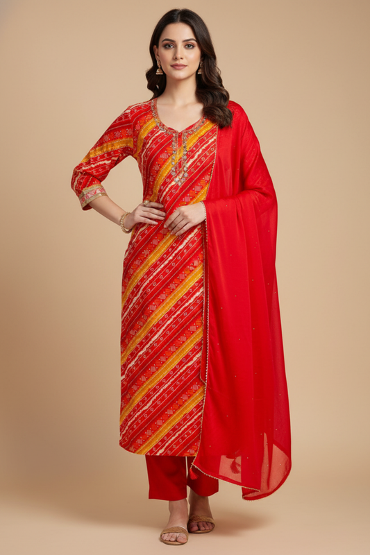Coral Cotton Unstitched Salwar Suit With Chiffon Dupatta