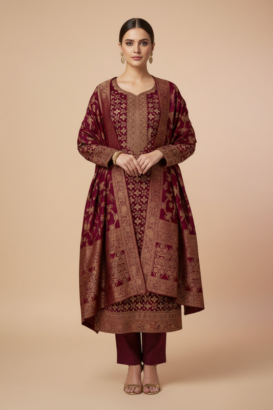 Garnet Cotton Unstitched Salwar Suit With Cotton Dupatta