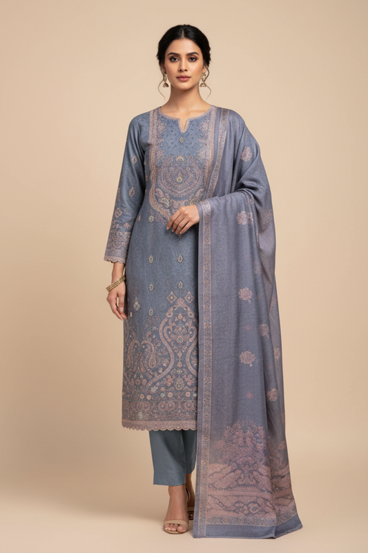 Grey Pashmina Unstitched Salwar Suit With Pashmina Dupatta