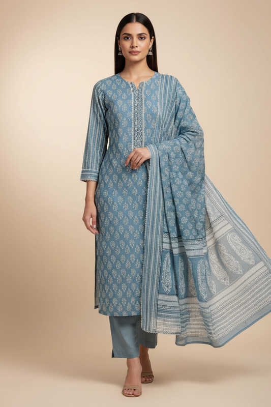 Grey Cotton Unstitched Salwar Suit With Cotton Dupatta