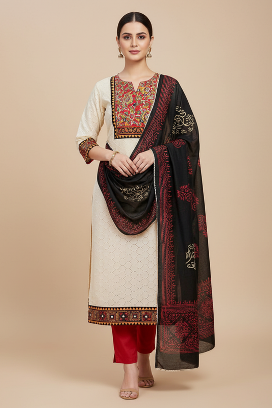 Tussar Black Cotton Unstitched Salwar Suit With Cotton Dupatta