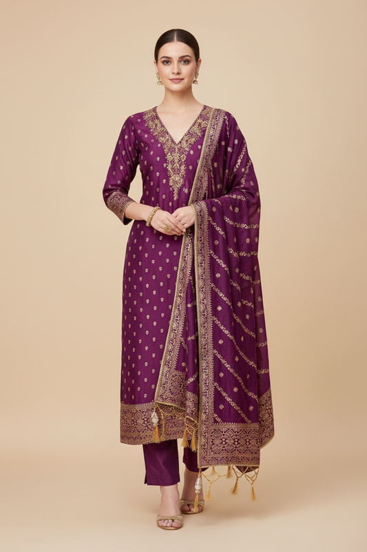 Garnet Cotton Unstitched Salwar Suit With Cotton Dupatta