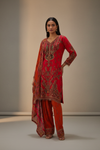 Red Crepe Readymade Suit And Palazzo Pant With Crepe Dupatta