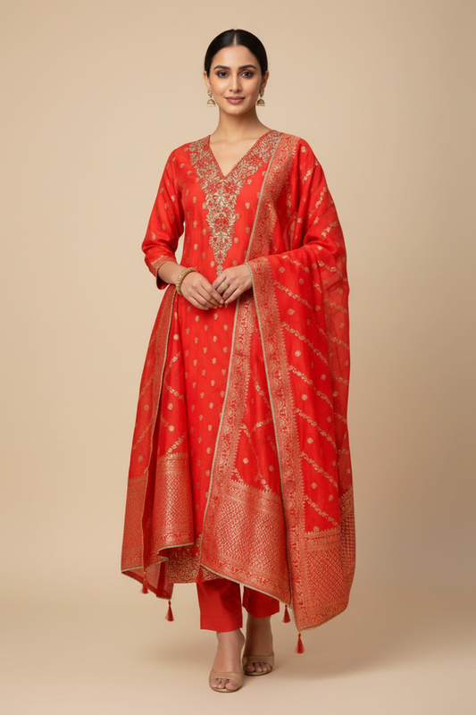 Red Cotton Unstitched Salwar Suit With Cotton Dupatta