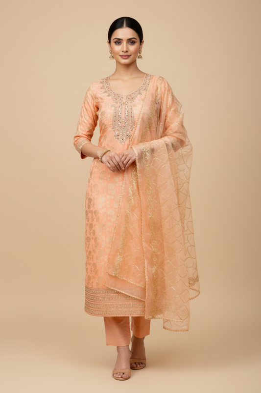 Peach Chanderi Cotton Unstitched Salwar Suit With Organza Dupatta
