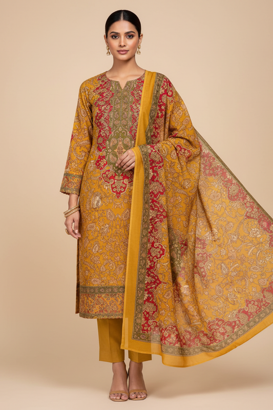 Mustard Crepe Unstitched Salwar Suit With Crepe Dupatta