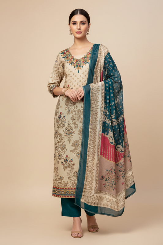 Tusser Peacock Shimmer Unstitched Salwar Suit With Shimmer Dupatta