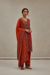 Red Crepe Readymade Suit And Palazzo Pant With Crepe Dupatta