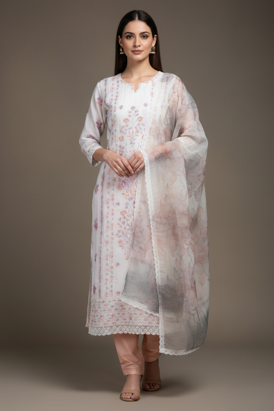 White Peach Cotton Unstitched Salwar Suit With Chiffon Dupatta