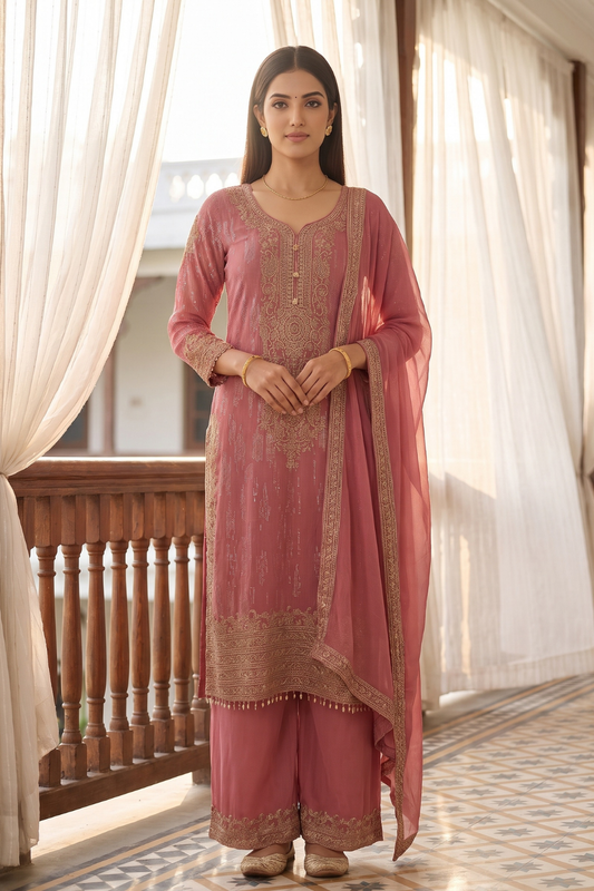 Blush Reverie Gajari Georgette Readymade Suit And Palazzo With Georgette Dupatta
